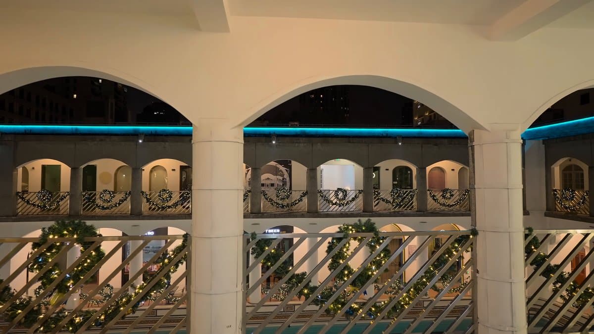 Upper gallery draped with garlands
