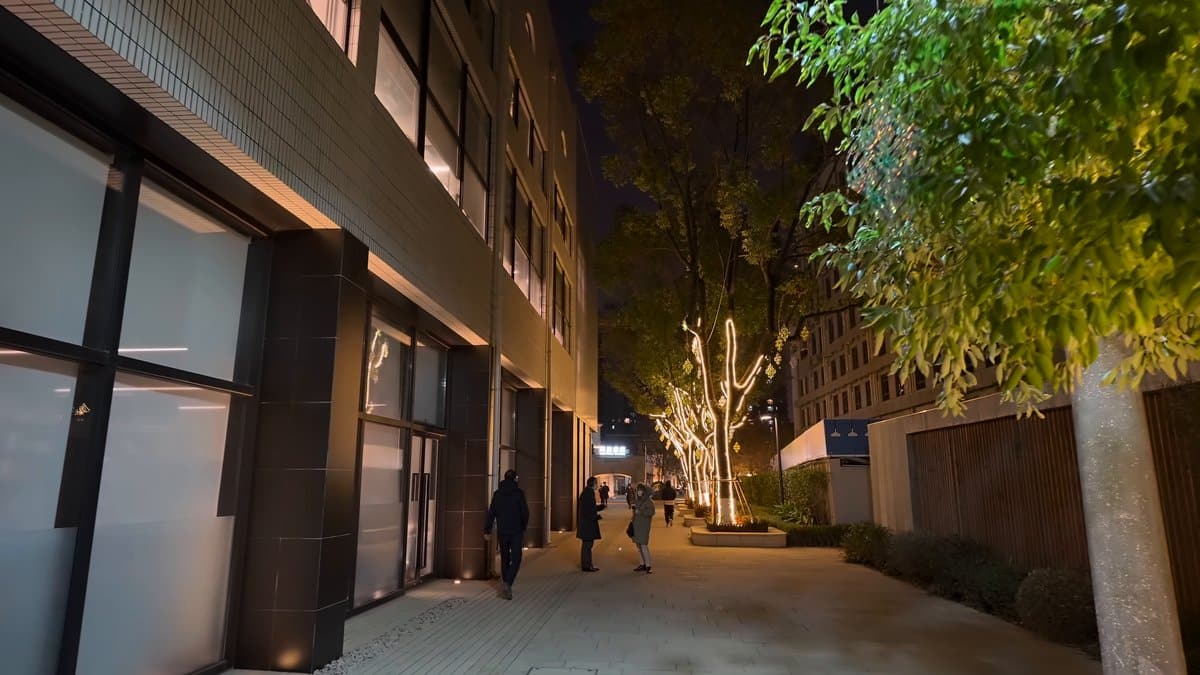 Visitors entering the lit courtyard