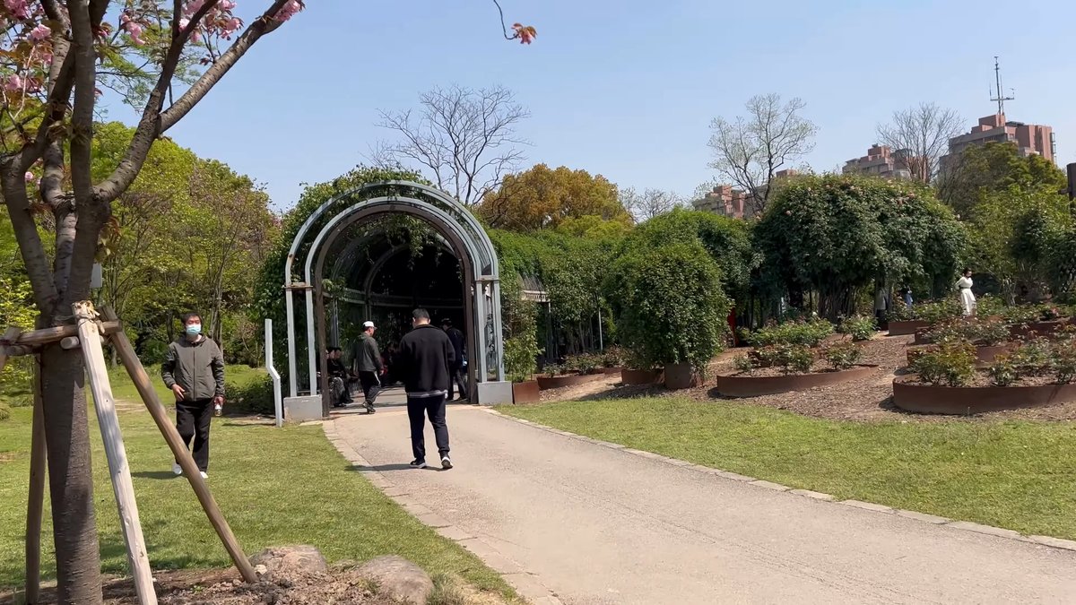 Visitors walking under a metal arbour