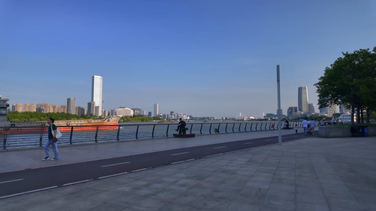 Walker on the rail facing the skyline