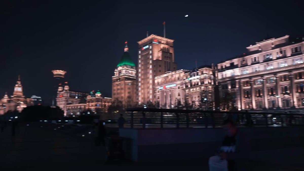 Wide night view of Bund buildings