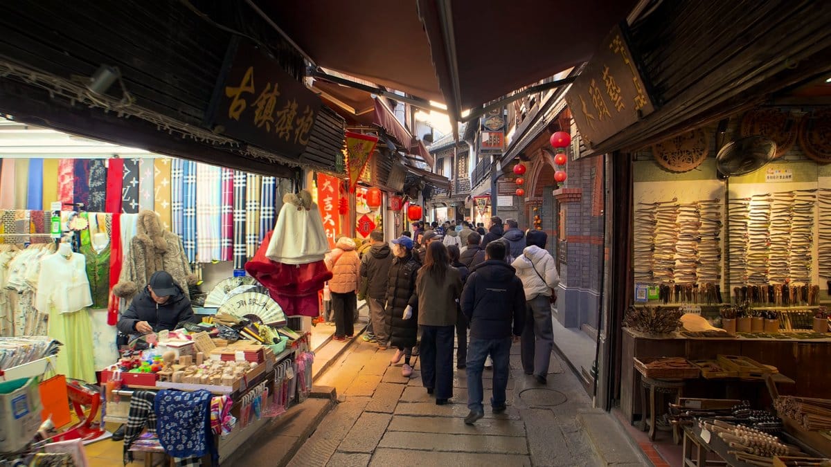 A clothing and textile shop spilling onto the