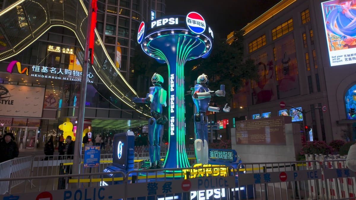A PEPSI-branded light tower with figures in a