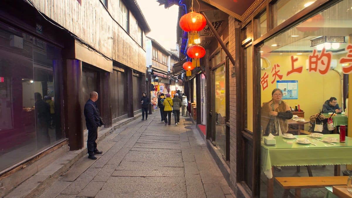 A quieter stretch of the lane, a cafe