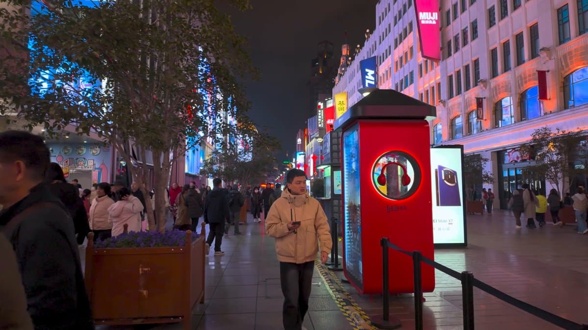 A red phone-box style kiosk on the street