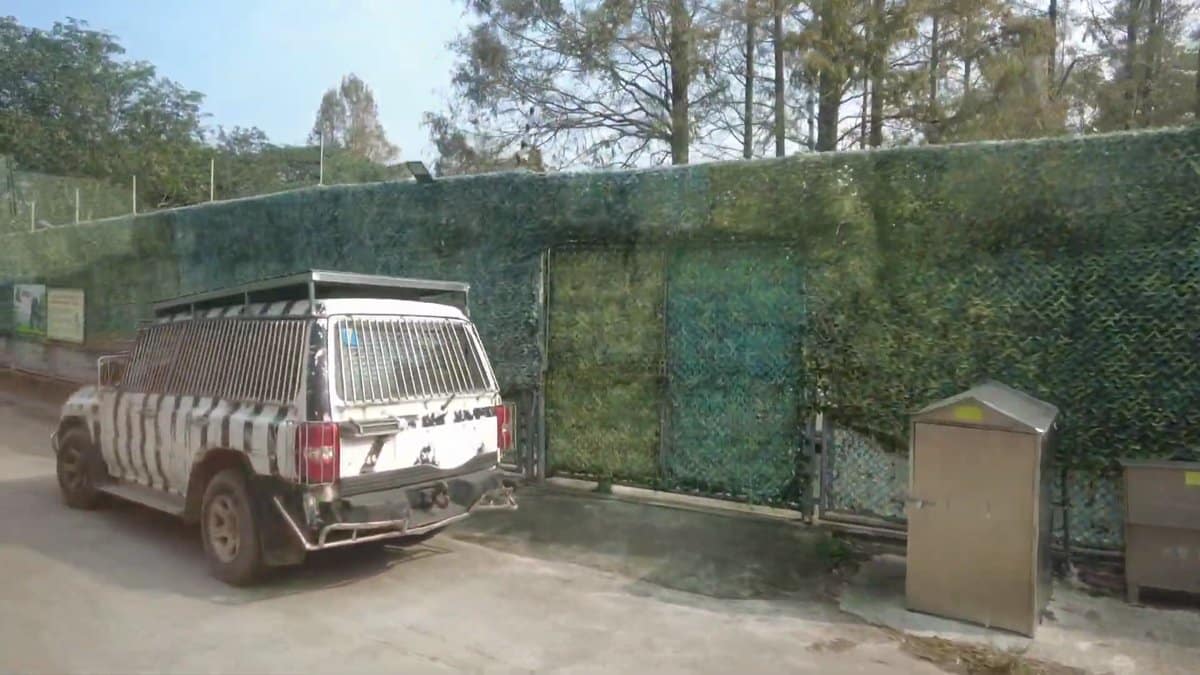 A zebra-striped jeep parked by a camouflaged gatehouse