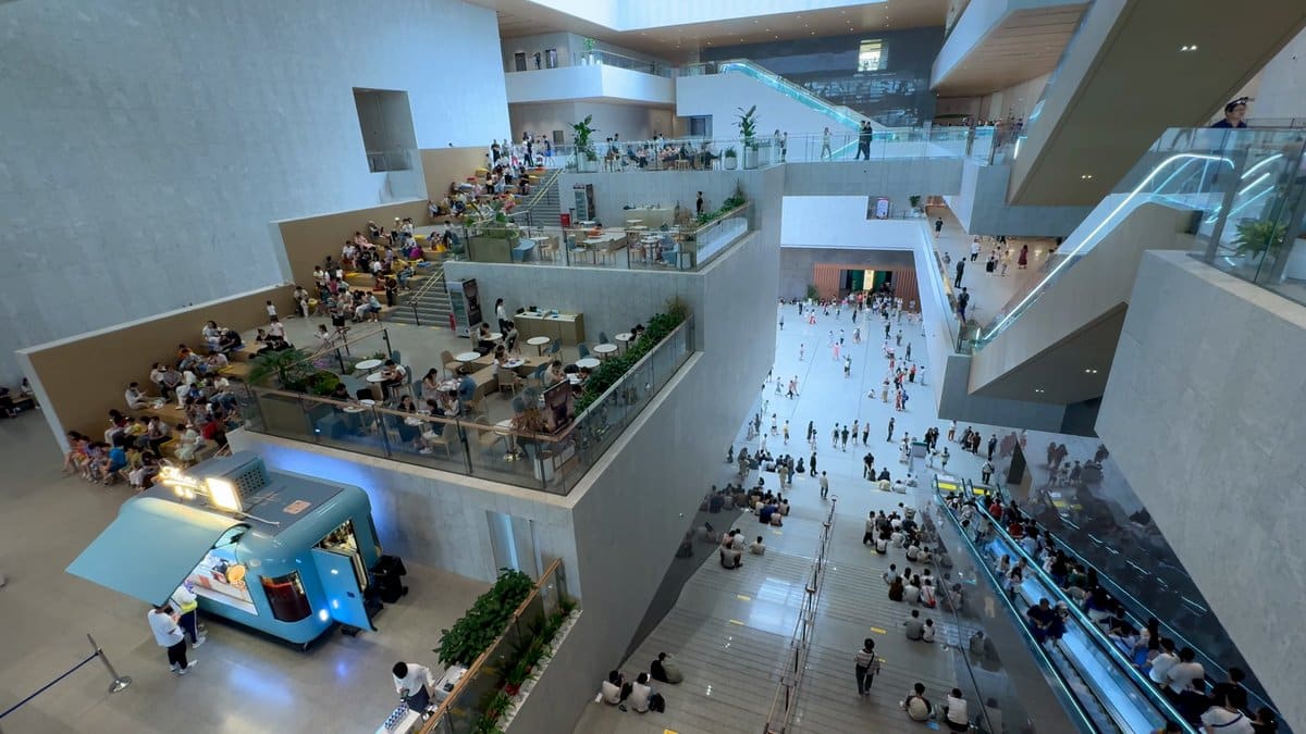 Atrium terraces and crossing escalators