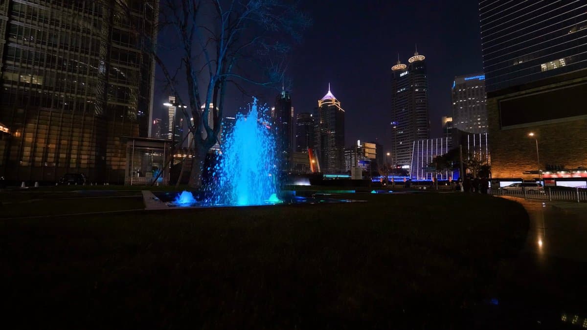 Blue fountain in Lujiazui plaza