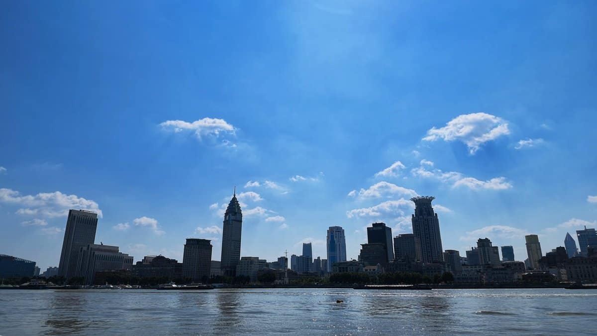 Bund skyline under wide blue sky