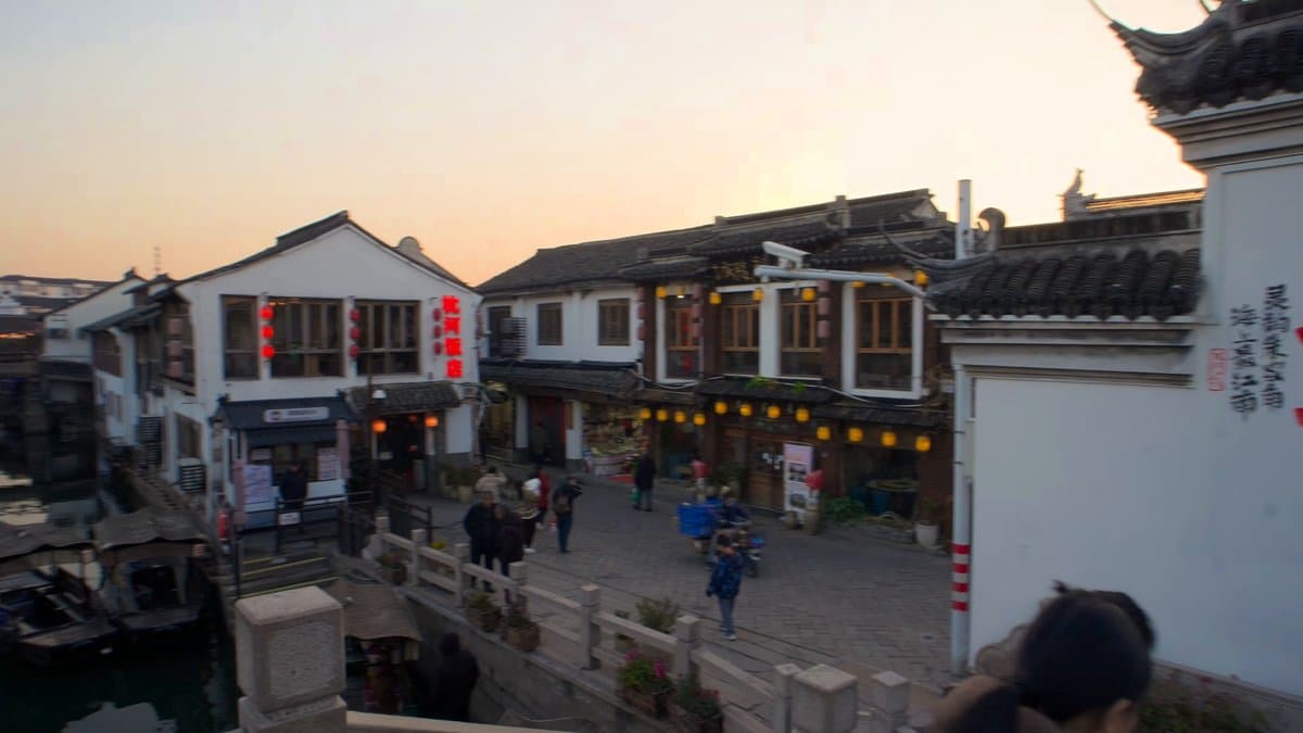 Canalside square at dusk