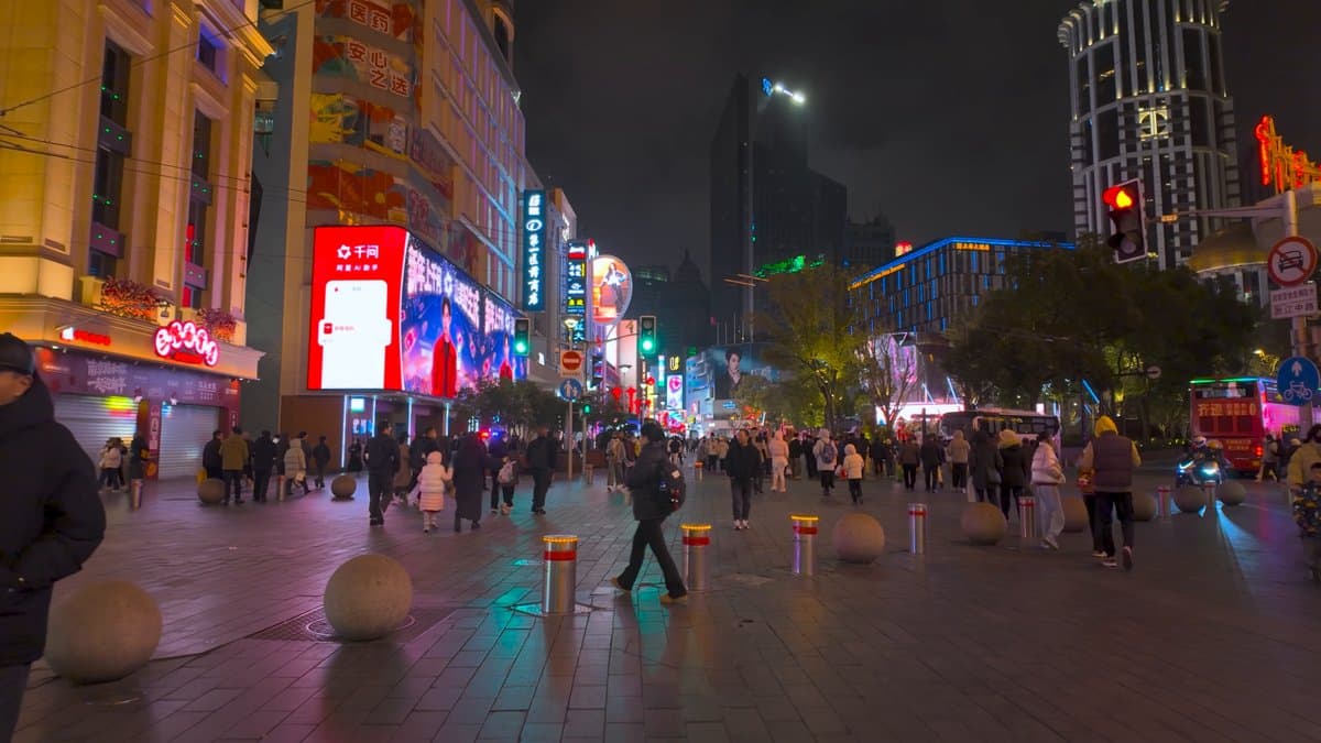Crowds on the broad pedestrian street