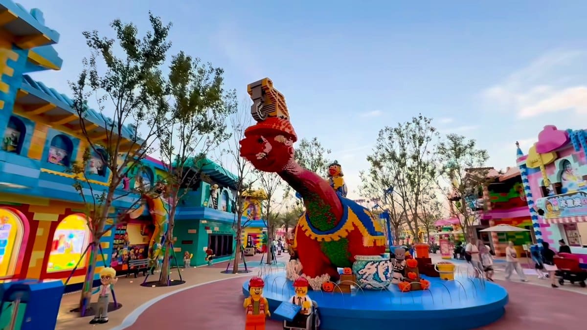 Giant LEGO dragon in park plaza
