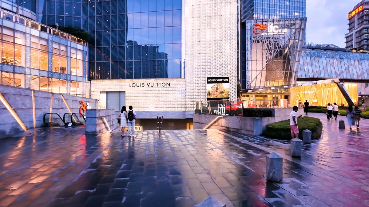 IFC plaza glowing at dusk