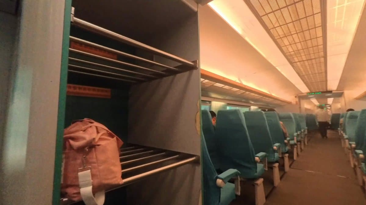 Inside the carriage, a luggage rack by the
