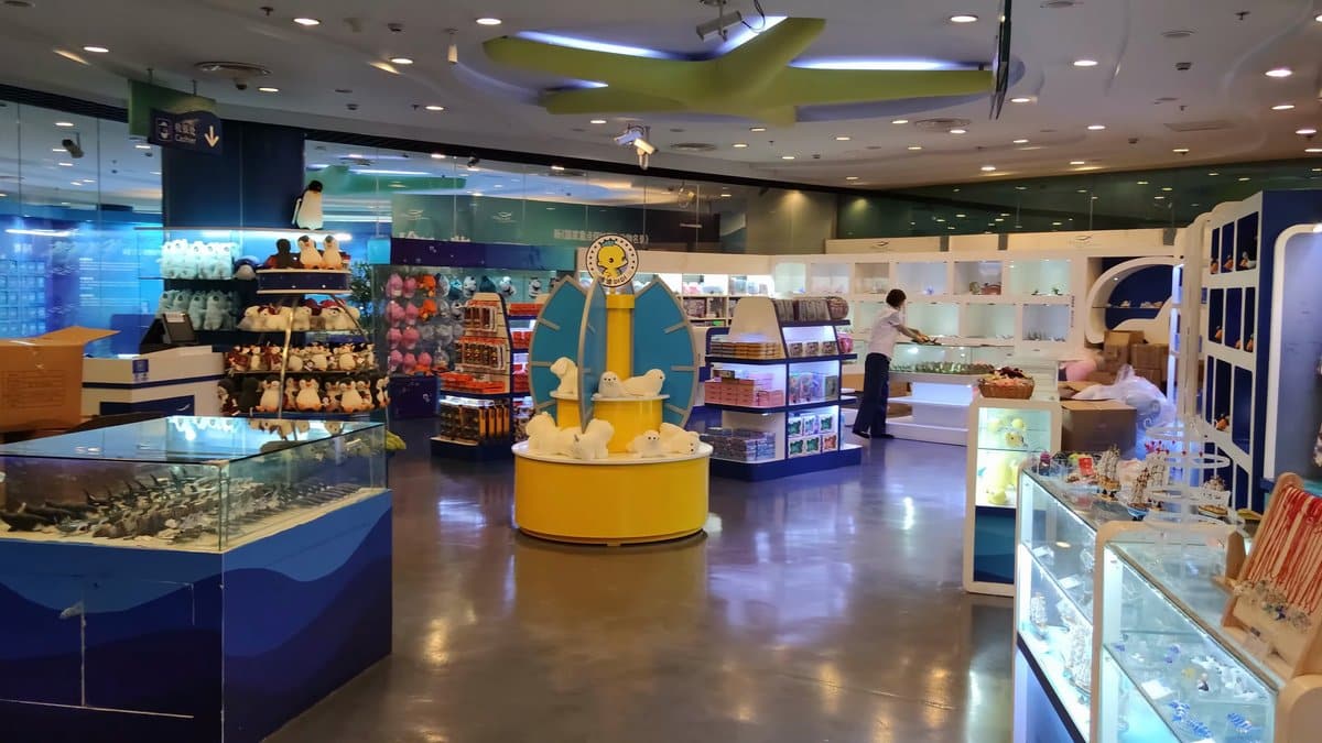 Inside the gift shop, shelves of souvenirs under
