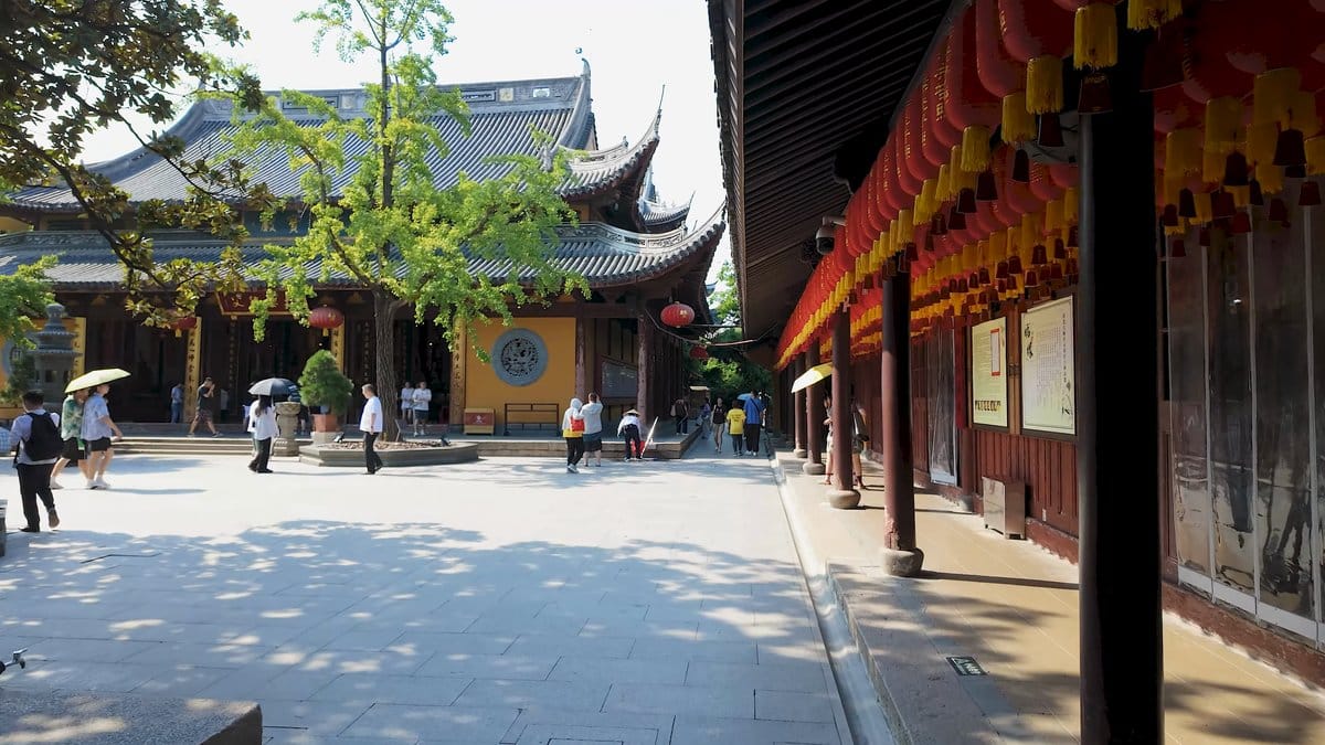 Lantern-hung eaves over the courtyard