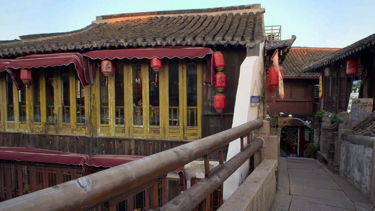 Latticed house with red lanterns