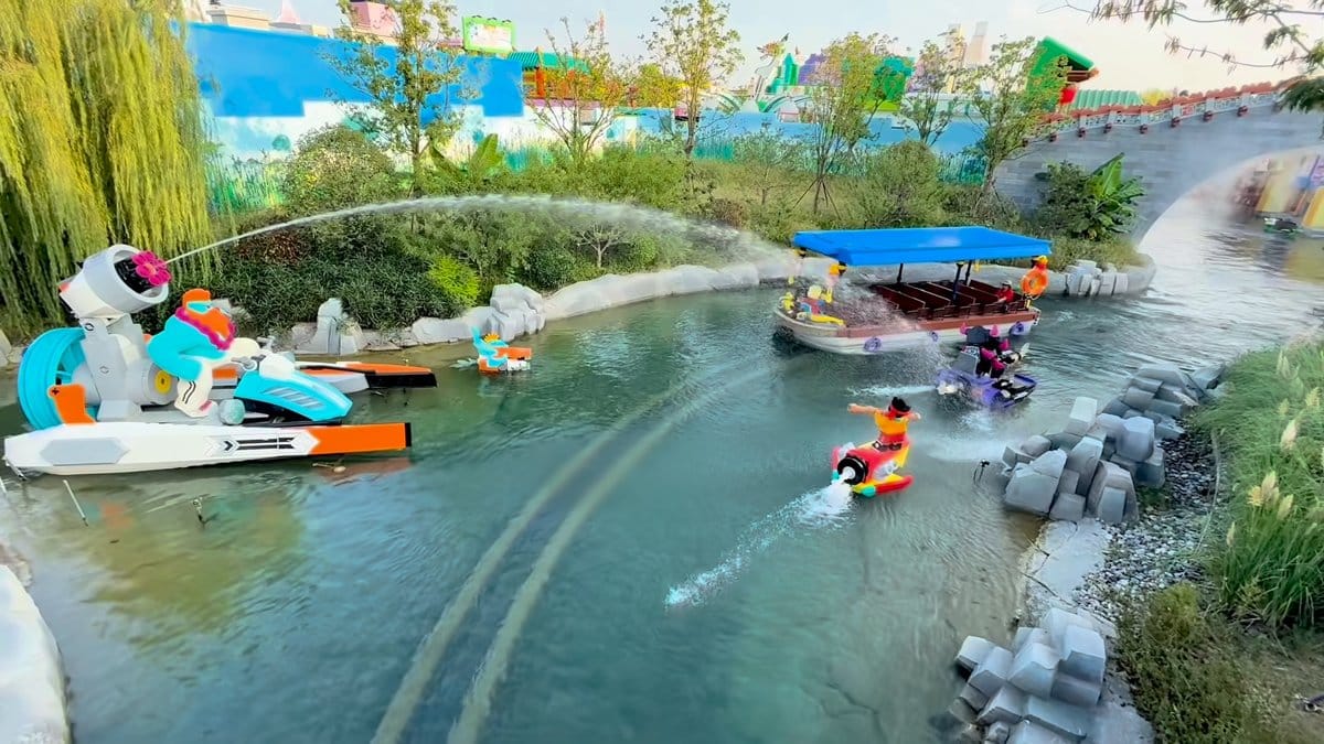 LEGO jet-ski riders splashing canal