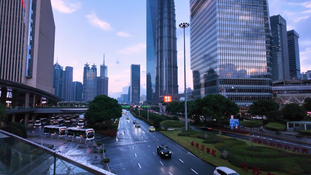 Looking down a boulevard lined with towers from