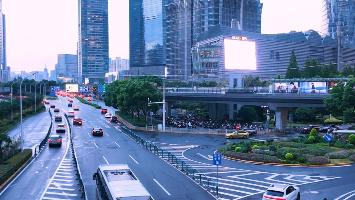 Looking down on a busy junction from the