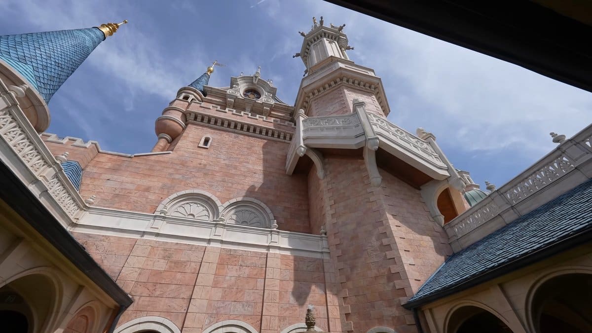 Looking up at castle towers