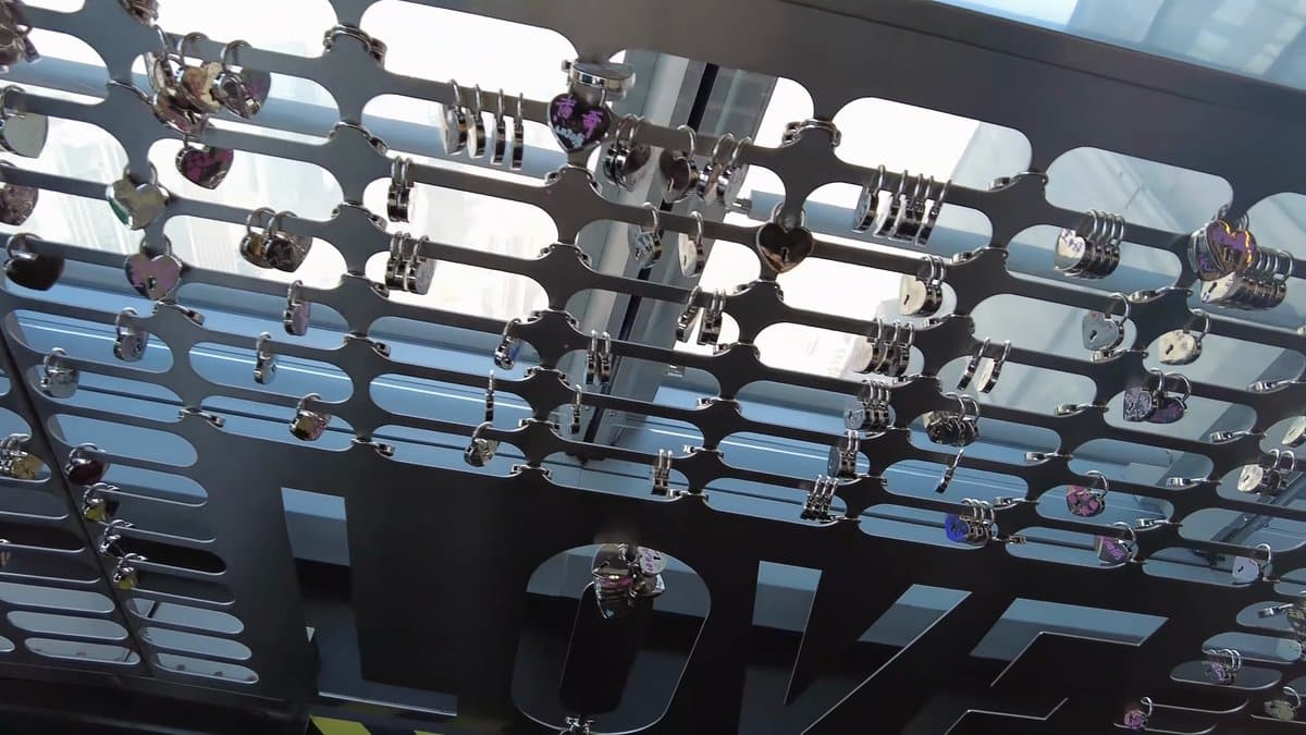 Love padlocks on metal screen