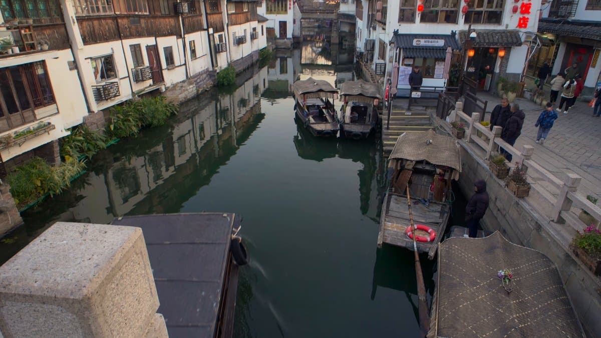 Moored boats seen from the bridge