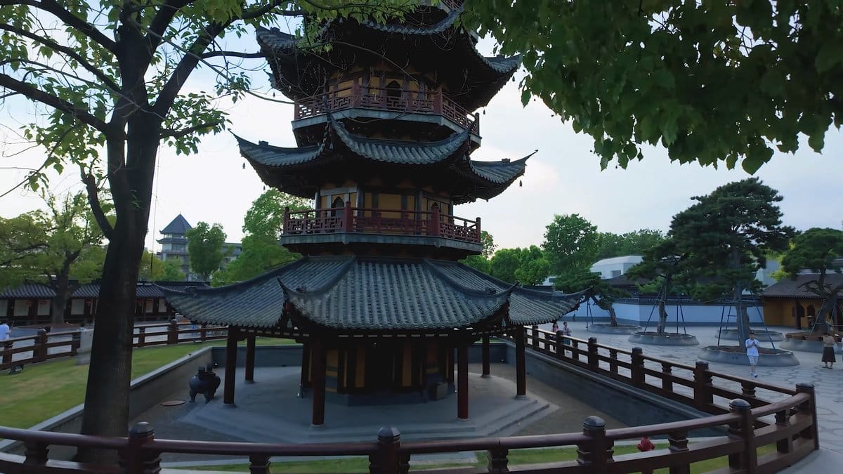 Pagoda framed through pine branches