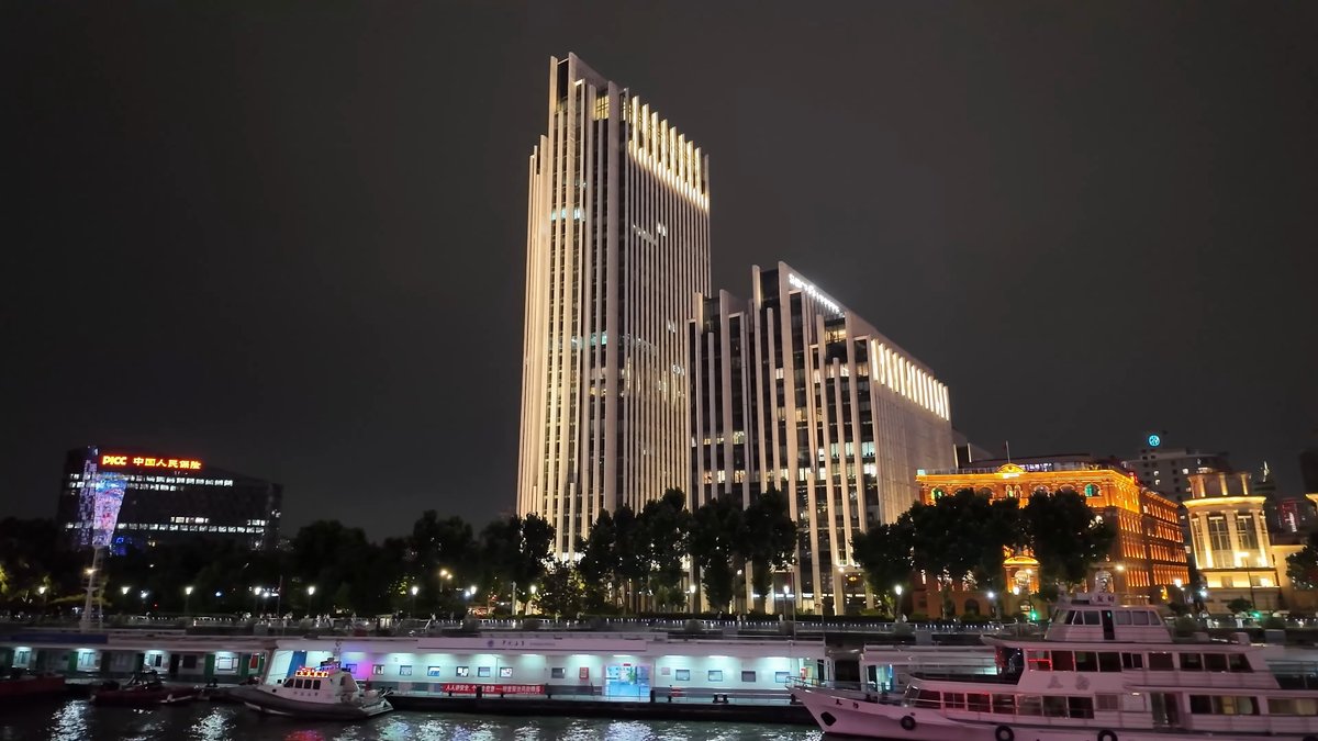 Pale towers along the waterfront