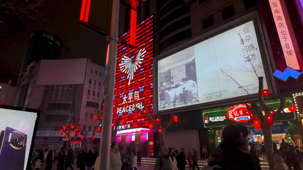 PEACEBIRD store glowing red