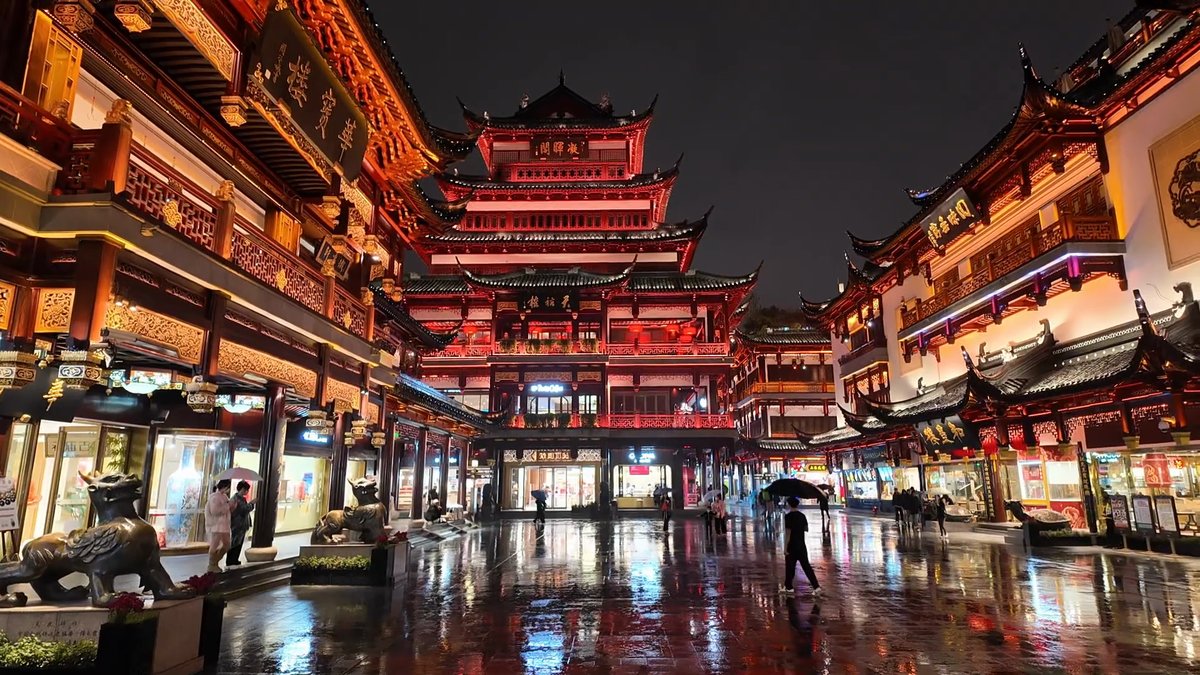 Plaza and red-lit tower