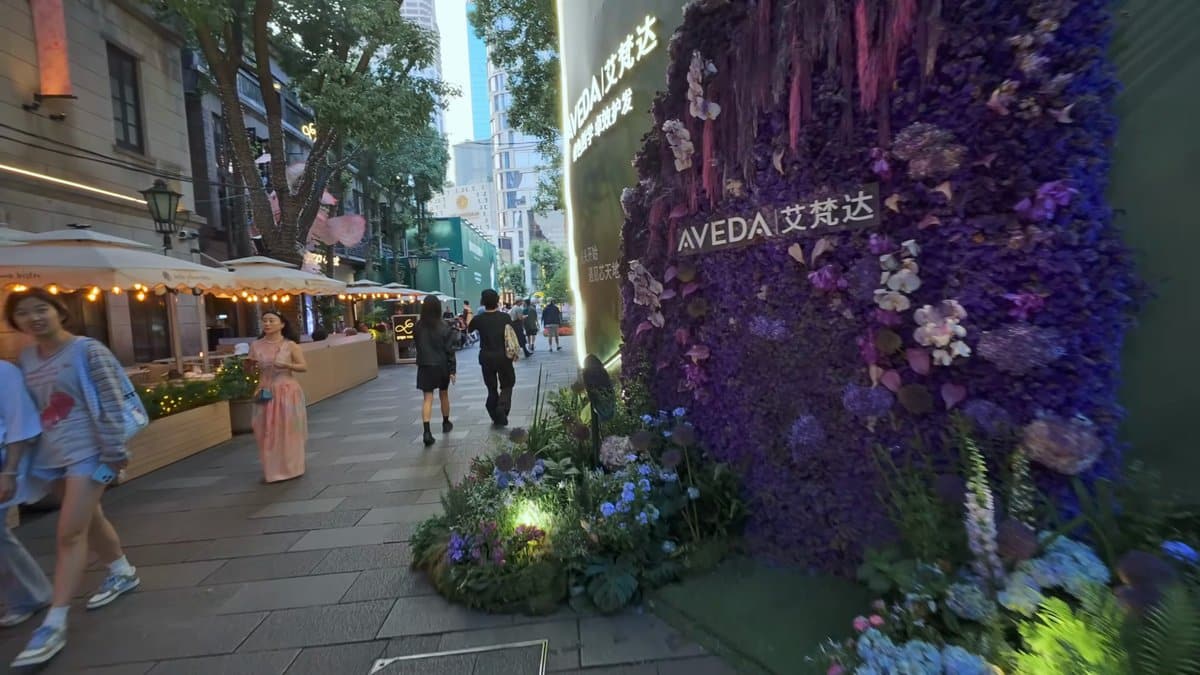 Purple floral wall at Aveda
