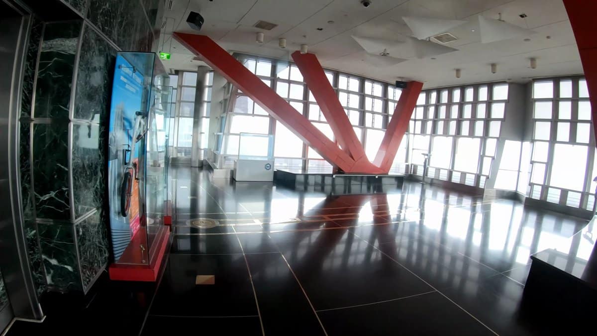 Red beams across observation hall