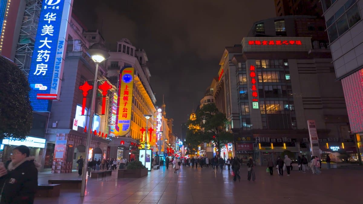 Red lanterns strung along Nanjing Road