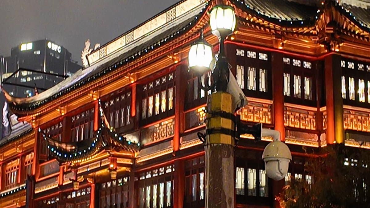 Red-lit hall and lamp post