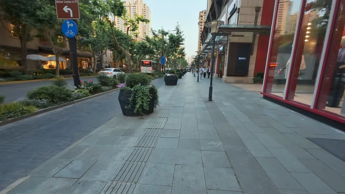 Shop-lined promenade with flower tubs