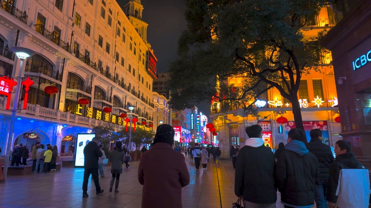 Shoppers beneath lit trees and heritage