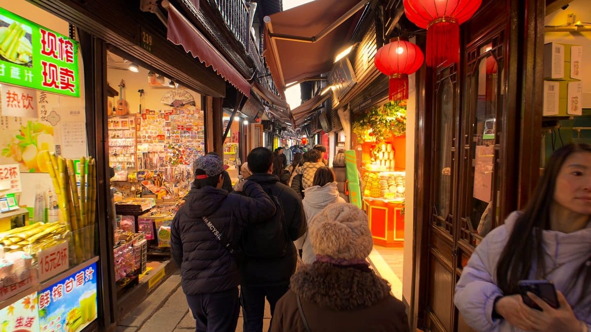 Snack shops lit in yellow and red along