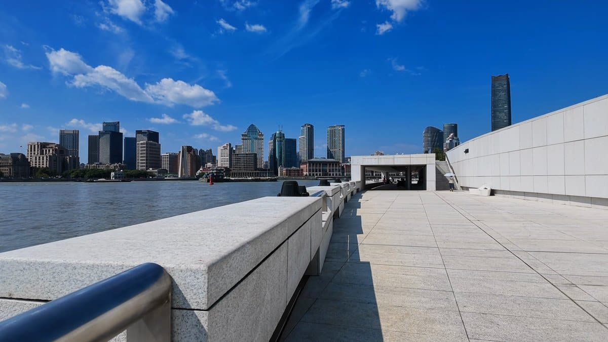 Stone bench on the riverside promenade