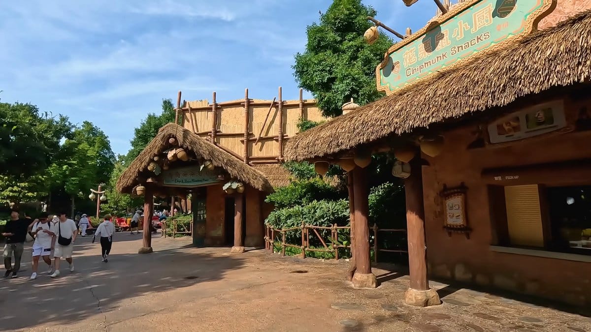 Thatched timber buildings in Adventure Isle.