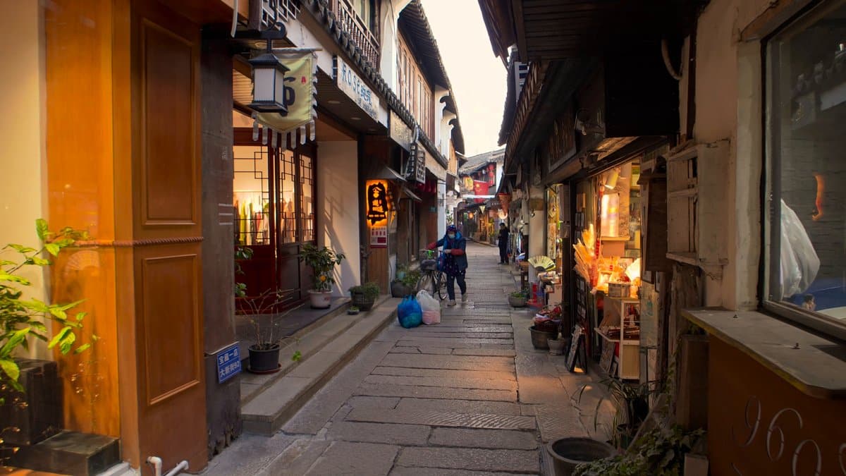 The lane in evening light, timber shopfronts and