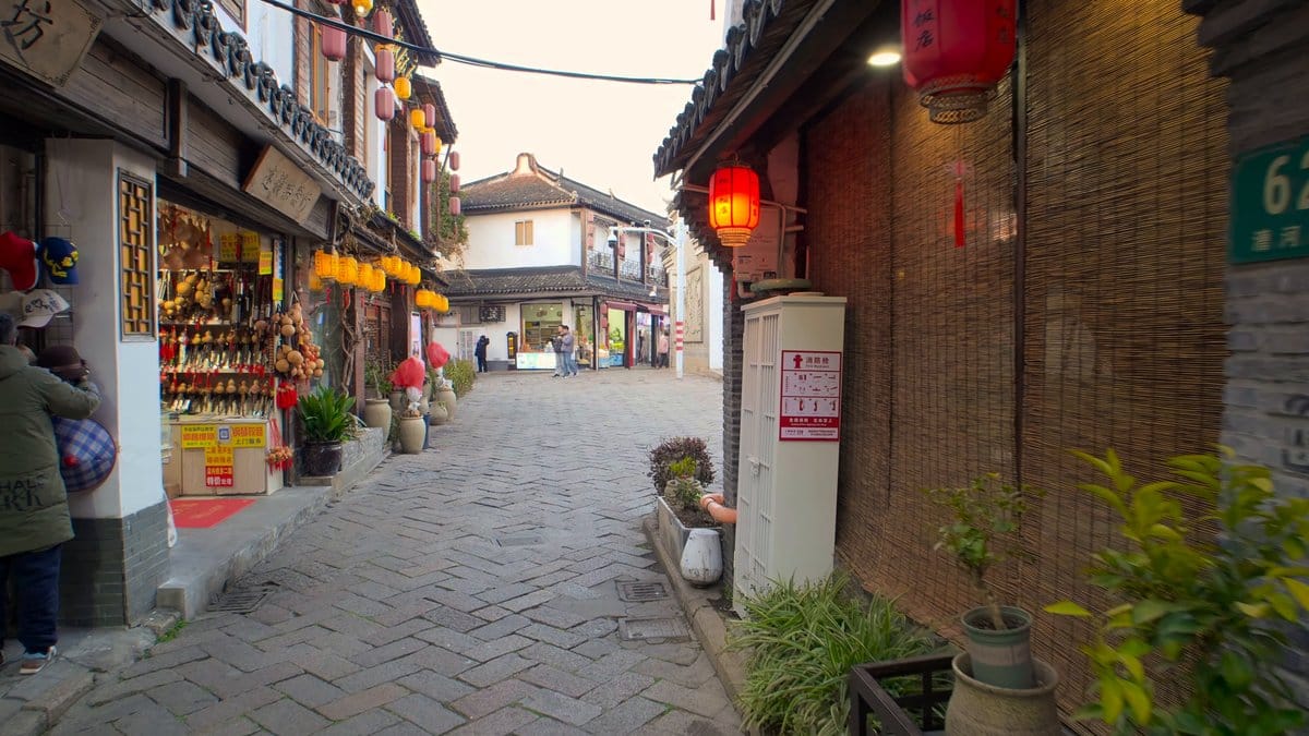 The lane with shops and a red lantern,