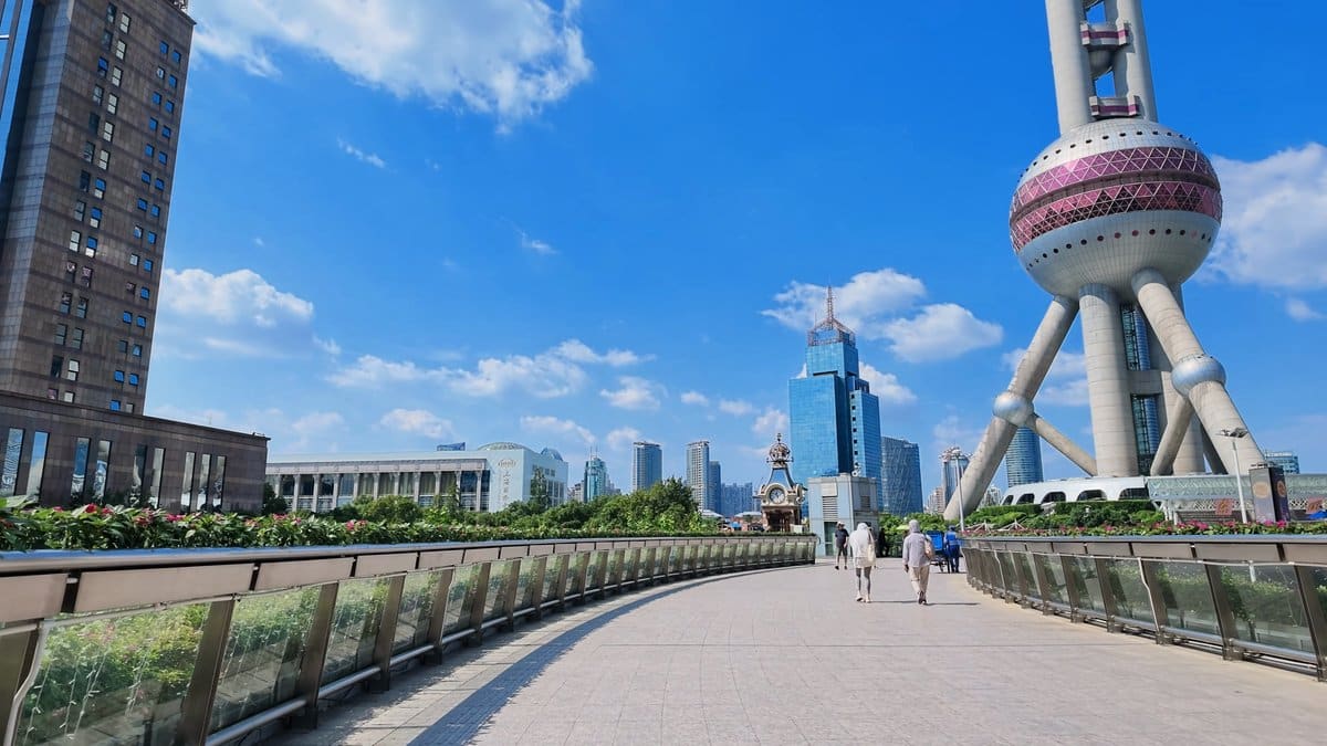 The Oriental Pearl beside the walkway, a tall