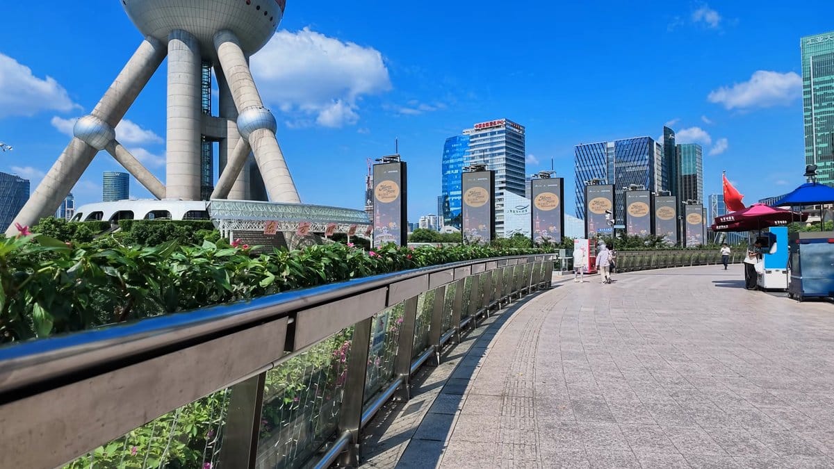 The walkway past the Oriental Pearl's legs, a