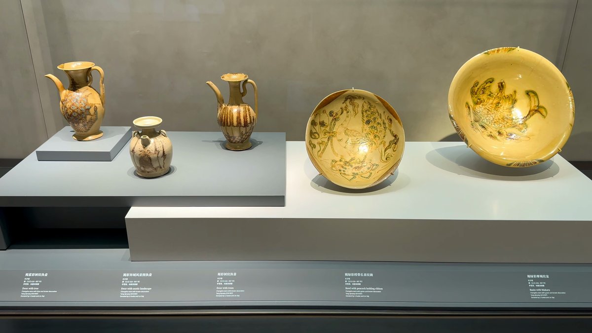 Yellow-glazed ewers and dishes painted with brown designs.